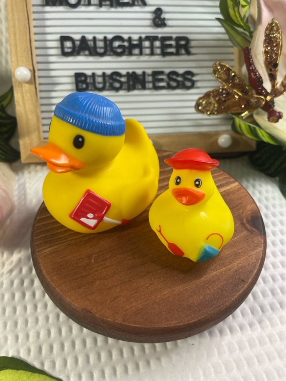 Yellow Rubber Duck Bath Toy Set with Blue and Red Hats